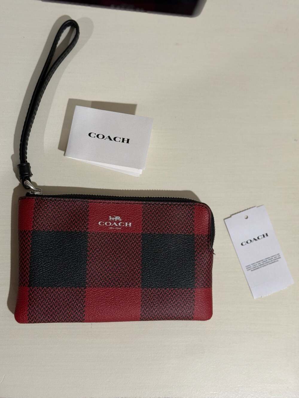 COACH C7307 Corner Zip Wristlet with Buffalo Plaid Red Black